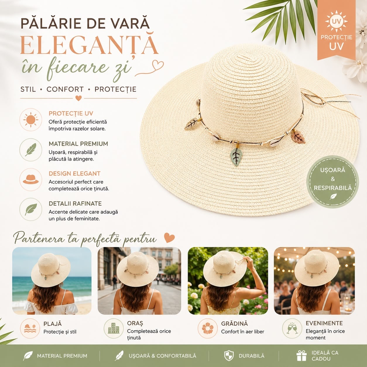 Pălărie de Soare Damă Crem cu Bor Lat și Accesorii Decorative – Elegantă 2