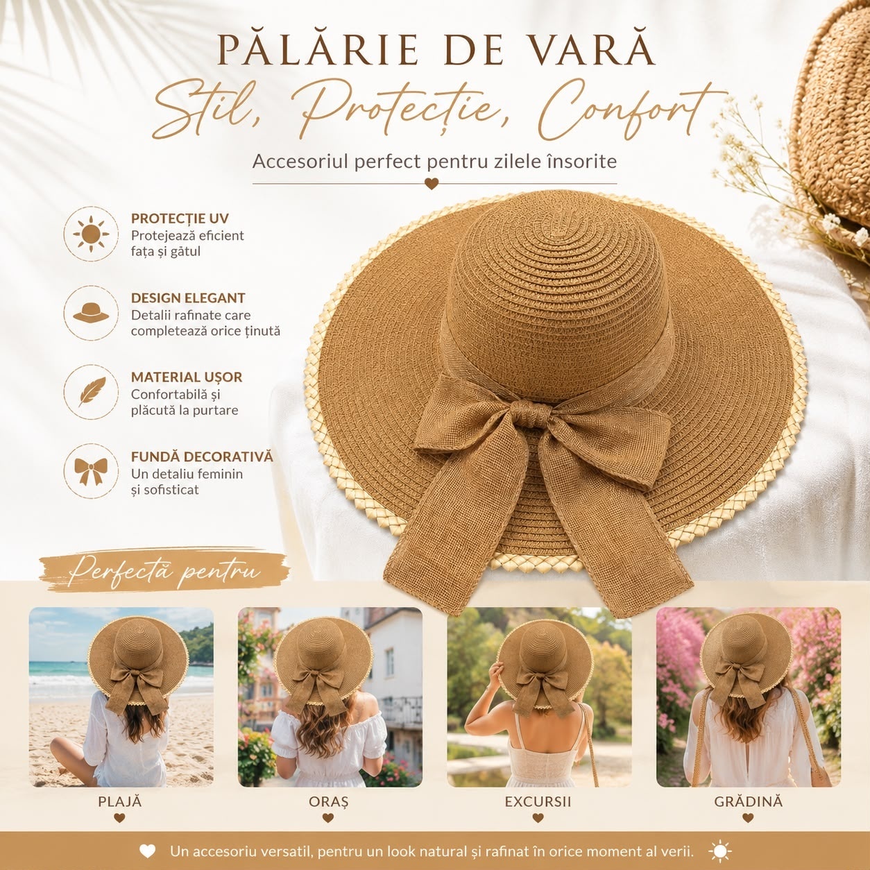 Pălărie de Soare Damă Maro Camel cu Fundă Decorativă și Bor Lat 2