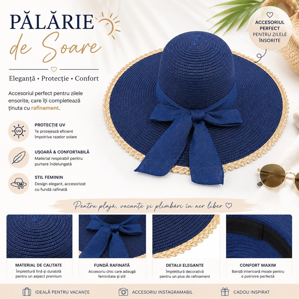 Palarie de Soare pentru Dama Albastra cu Boruri Largi si Funda Albastra 2