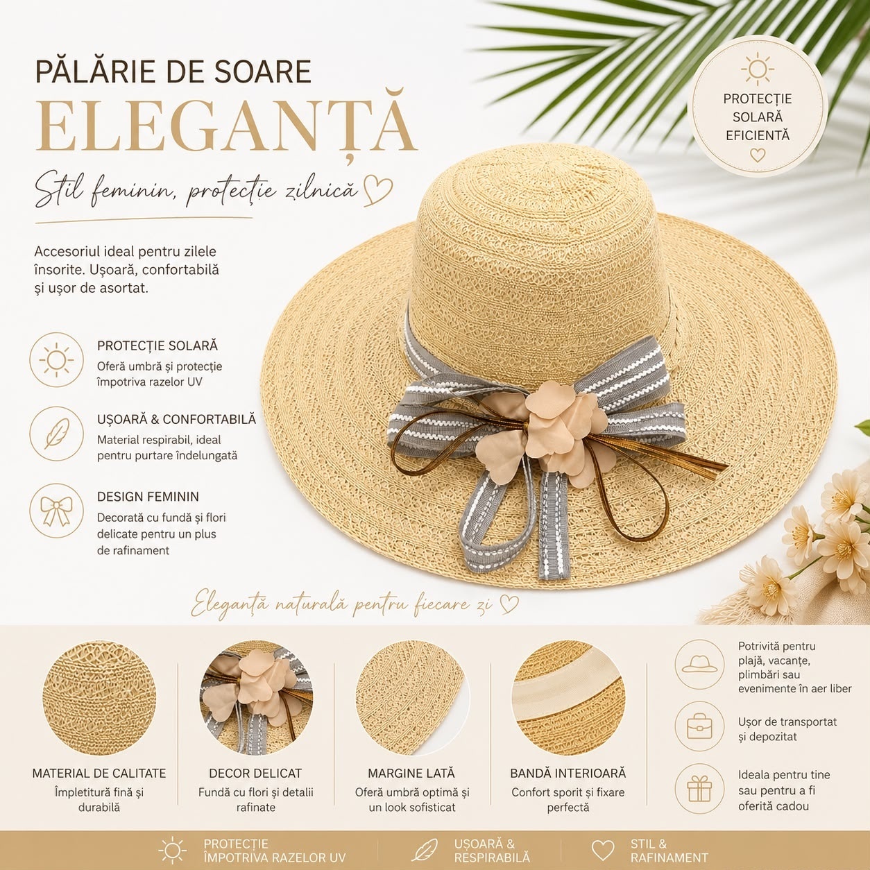 Palarie de Soare pentru Dama Bej cu Boruri Largi, Funda si Flori Decorative 2