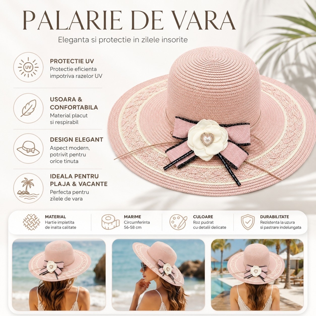 Palarie de Vara Roz pentru Femei, cu Bor Lat, Floare Eleganta si Protectie UV 2