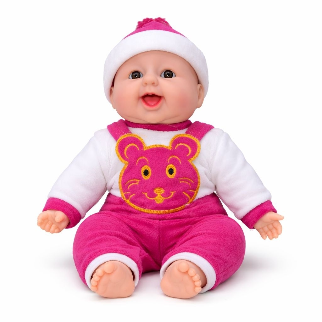 Papusa bebelus 40 cm cu ras de bebelus, salopeta roz intens cu ursulet, jucarie interactiva 2