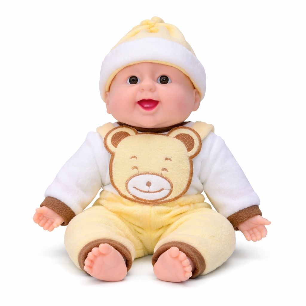 Papusa bebelus interactiva 40 cm, costum galben cu ursulet, rade in hohote, baterii incluse 2