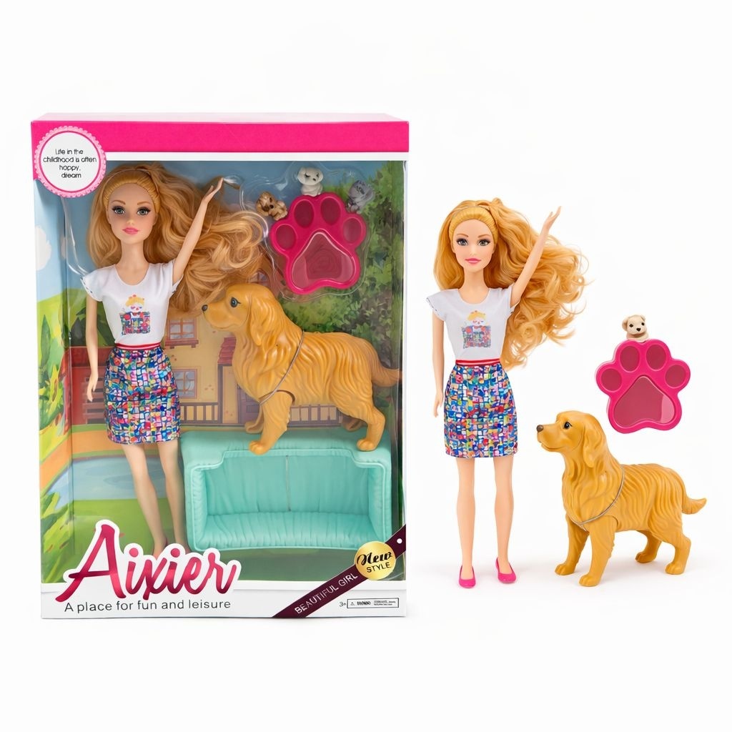 Papusa fashion cu animal de companie si accesorii, set joaca, model aleator, 32 cm