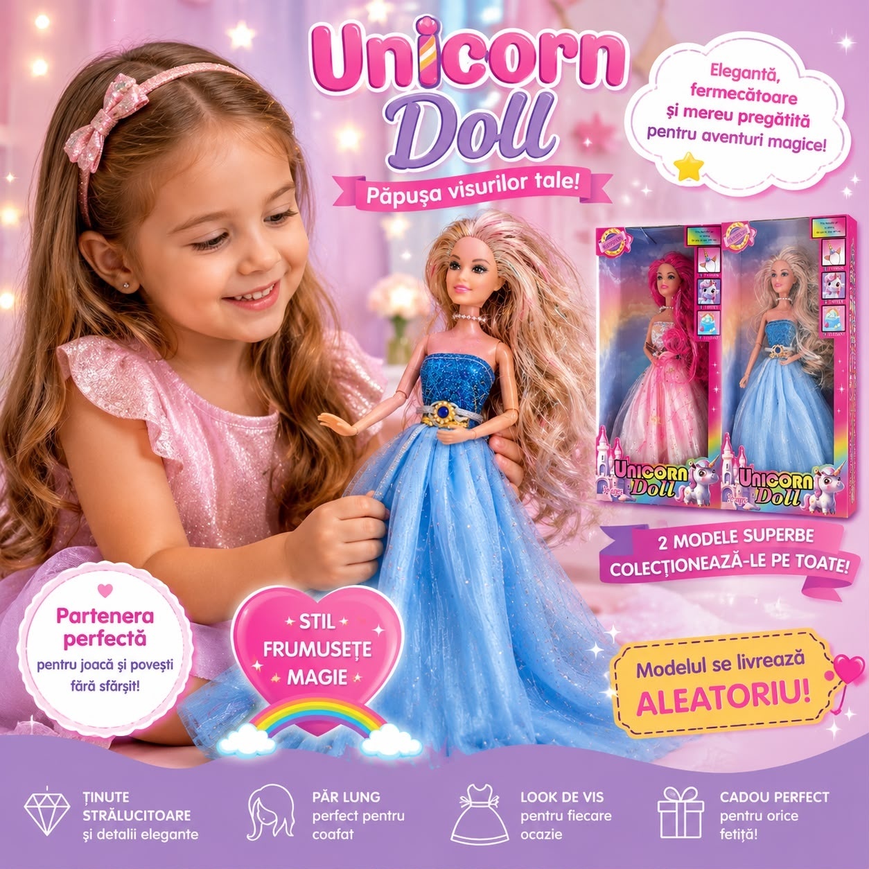 Păpușă Prințesă Unicorn pentru Fetițe, 30 cm, Păr Lung pentru Coafat, Rochie Elegantă – Model Aleatoriu 3