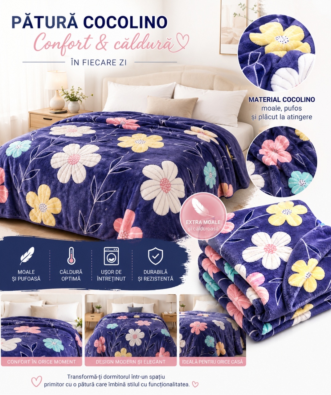 Patura Cocolino Pufoasa cu Model Floral Multicolor, 200x220 cm, Mov Inchis 2