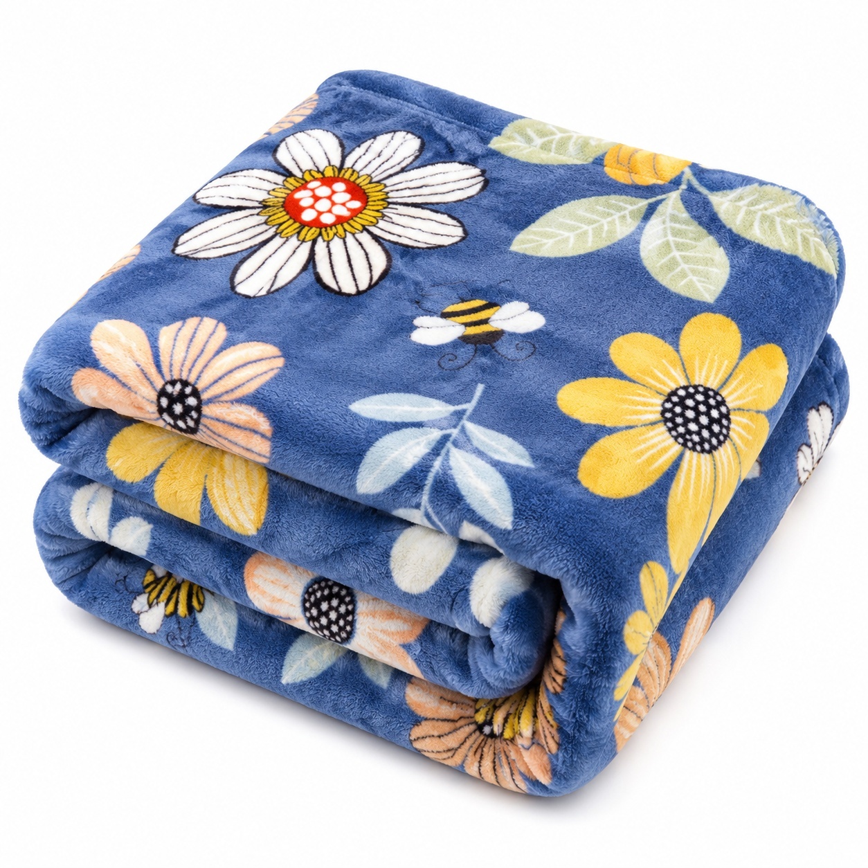 Patura Cocolino Pufoasa cu Model Floral si Albine, 200x220 cm, Albastru