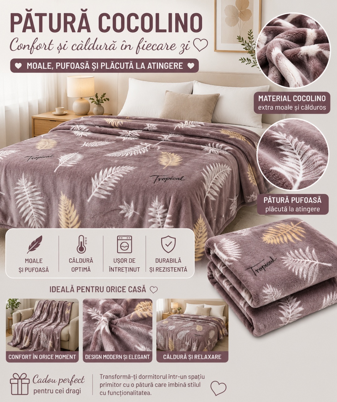 Patura Cocolino Pufoasa Tropical, Mov Pudrat, 200x220 cm 2