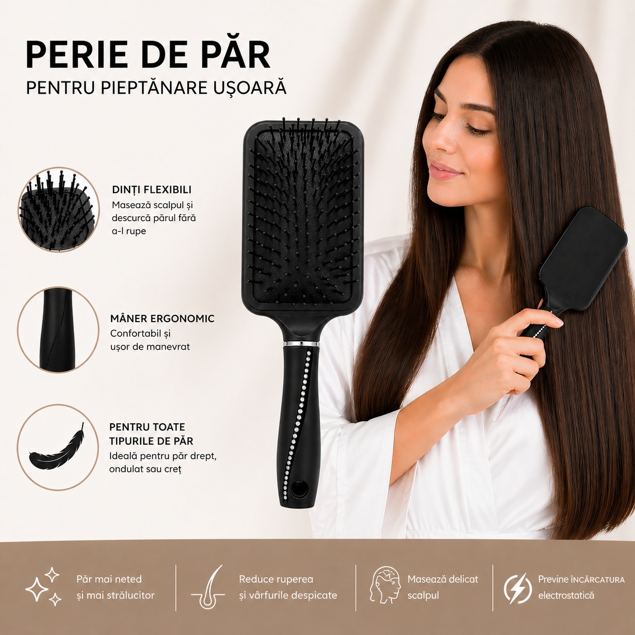 Perie de Păr neagra cu maner ergonomic – Descurcare Ușoară și Păr Strălucitor 3
