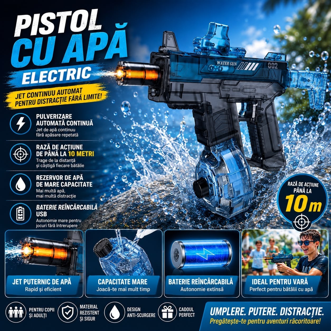 Pistol cu Apă Electric Reîncărcabil USB, Tragere Continuă, 30 cm, Model Aleatoriu 4