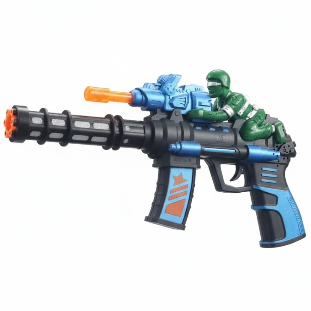 Pistol jucarie electric, 35 cm, albastru cu lumini si sunet , model militar cu soldat 2