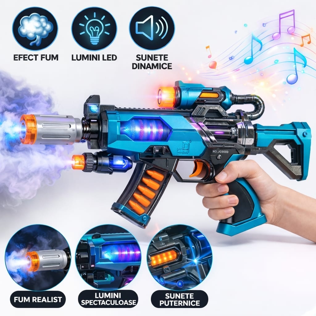 Pistol jucarie electric cu efect fum, lumini LED si sunete, model futuristic albastru 2