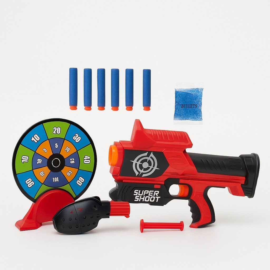 Pistol Jucarie Super Shoot 2in1 cu Tinta, Bile cu Apa si Darts , Set complet