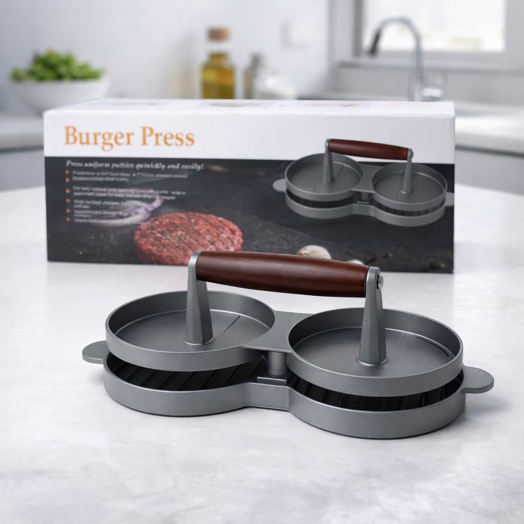 Presă dublă pentru burgeri din aluminiu cu mâner ergonomic din lemn 3