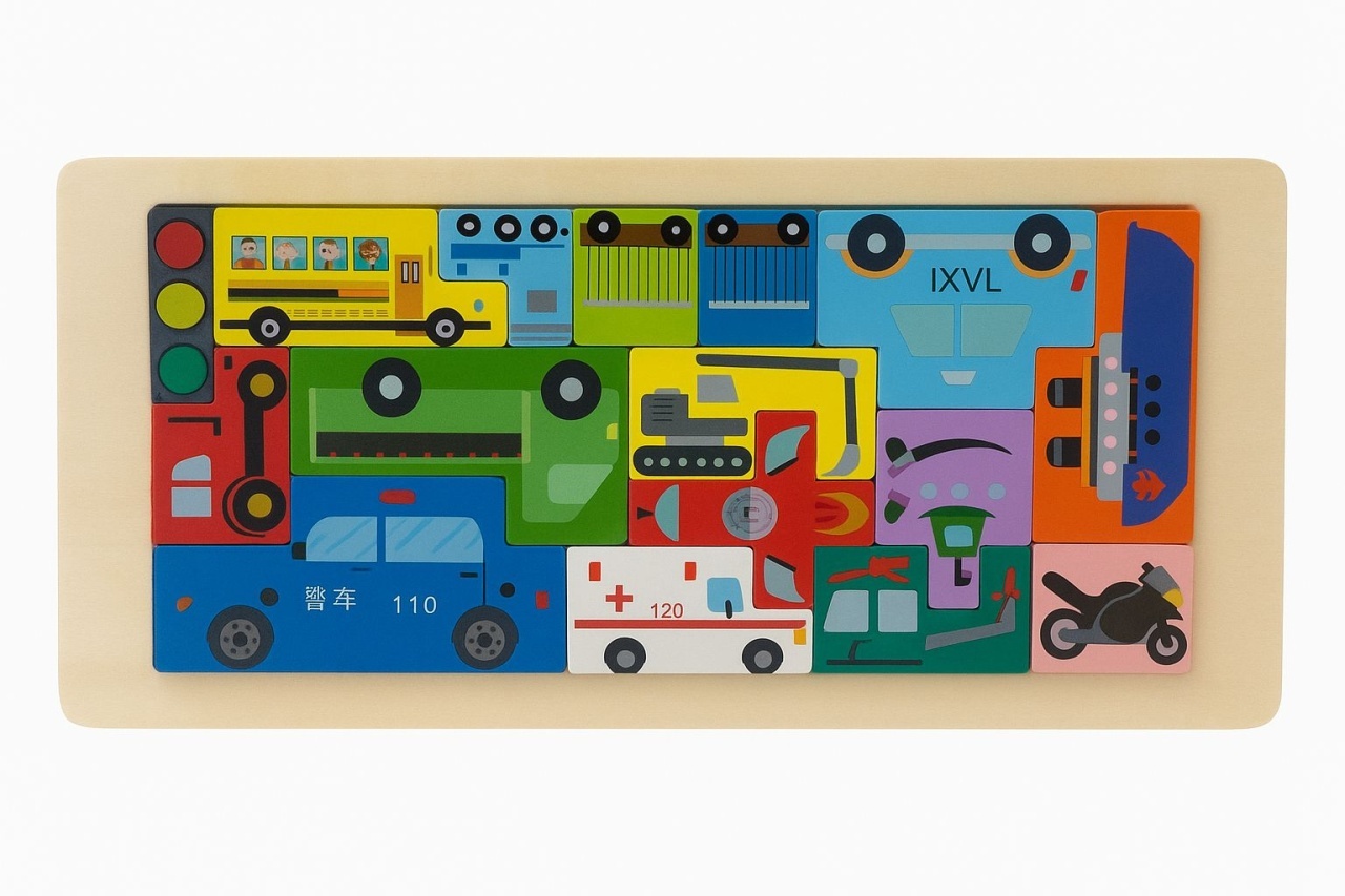 Puzzle Educativ din Lemn Tip Tetris , Modele cu Vehicule, Animale, Dinozauri si Creaturi Marine, 30x13cm