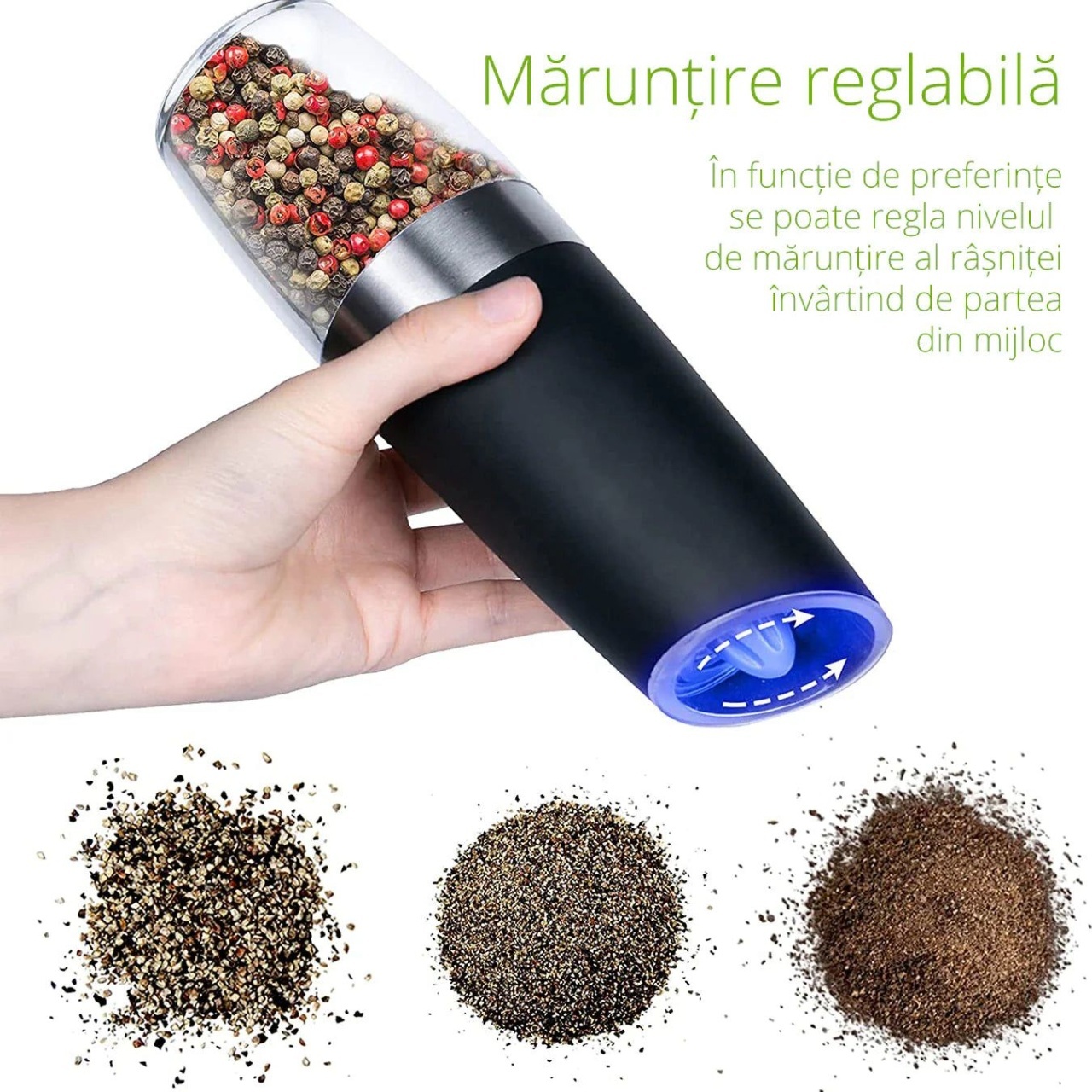 Râșniță electrică pentru sare și piper cu mărunțire reglabilă, alimentare 6 baterii AAA, 20 cm 5