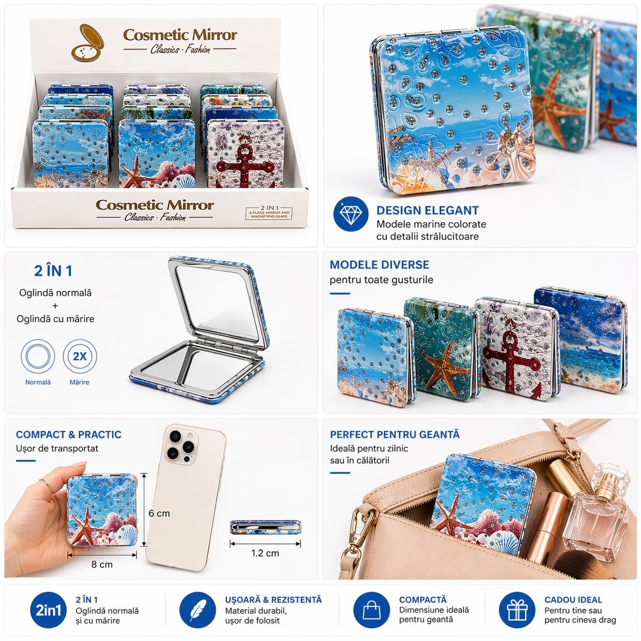 Set 12 oglinzi cosmetice buzunar 2 in 1 tematica marina, compacte 2