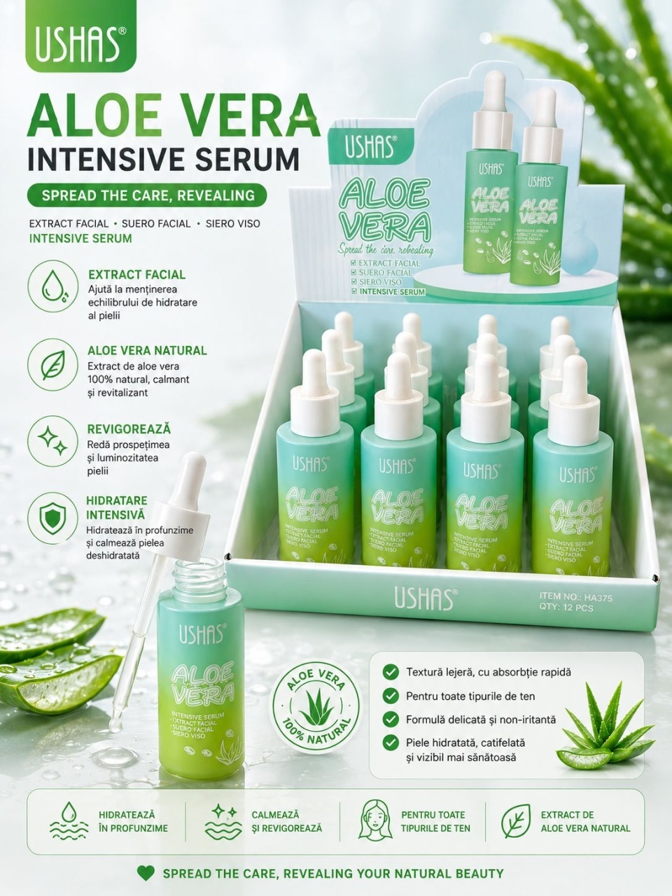 Set 12 Seruri Faciale cu Aloe Vera USHAS – Hidratare Intensivă, Calmarea și Revitalizarea Tenului 2