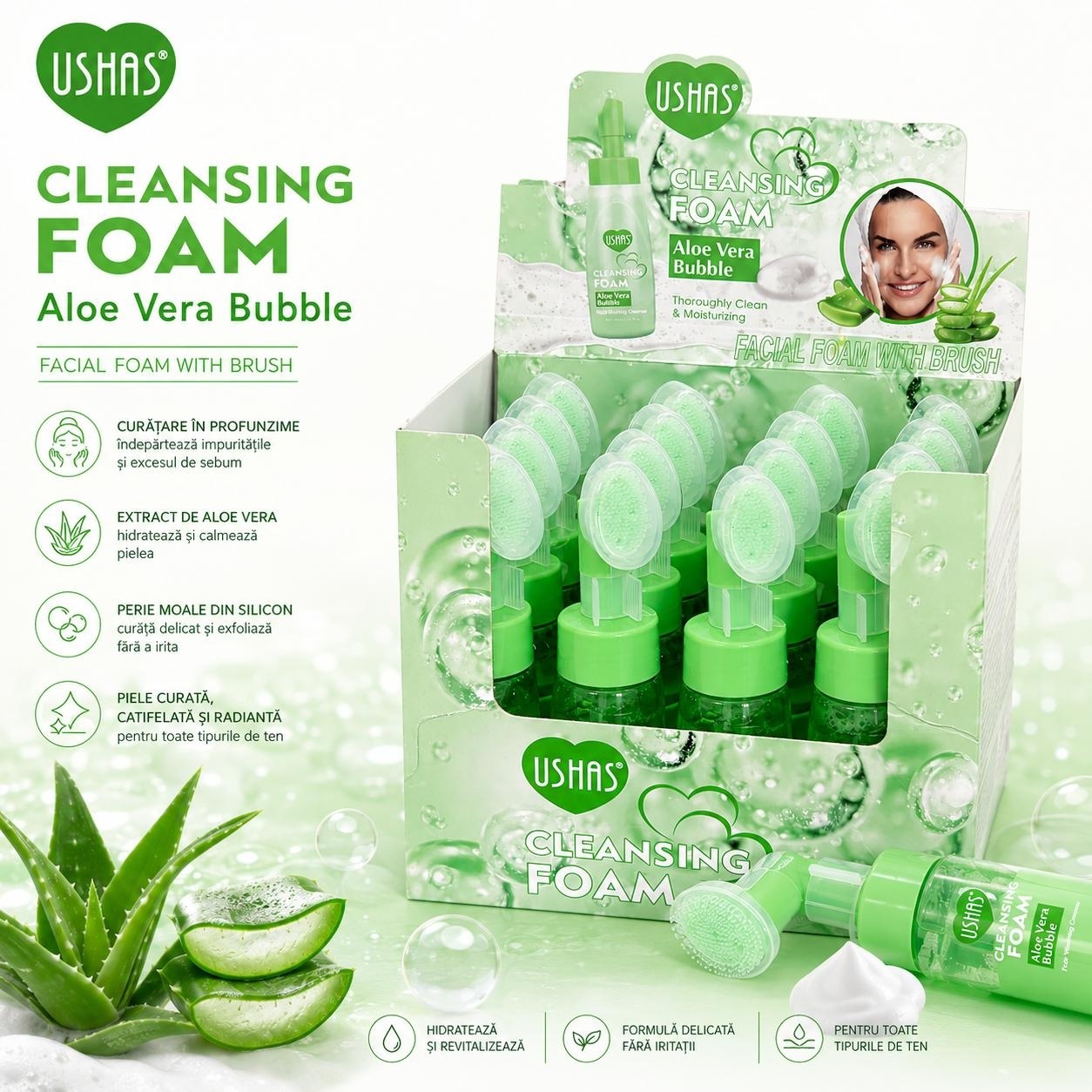 Set 12 Spumă de Curățare Facială cu Aloe Vera și Perie din Silicon USHAS, 240g 2