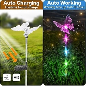 Set 2 Lămpi solare de grădină LED, multicolore, model cu fluturi , 33x6 cm, plastic 4