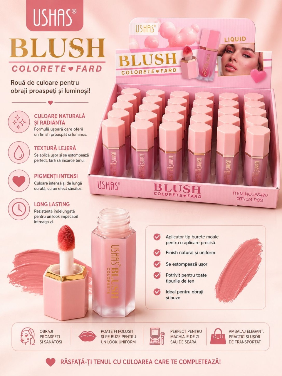 Set 24 Blushuri Lichide USHAS – Fard de Obraz Lichid cu Aplicator Burete, Finish Natural 2