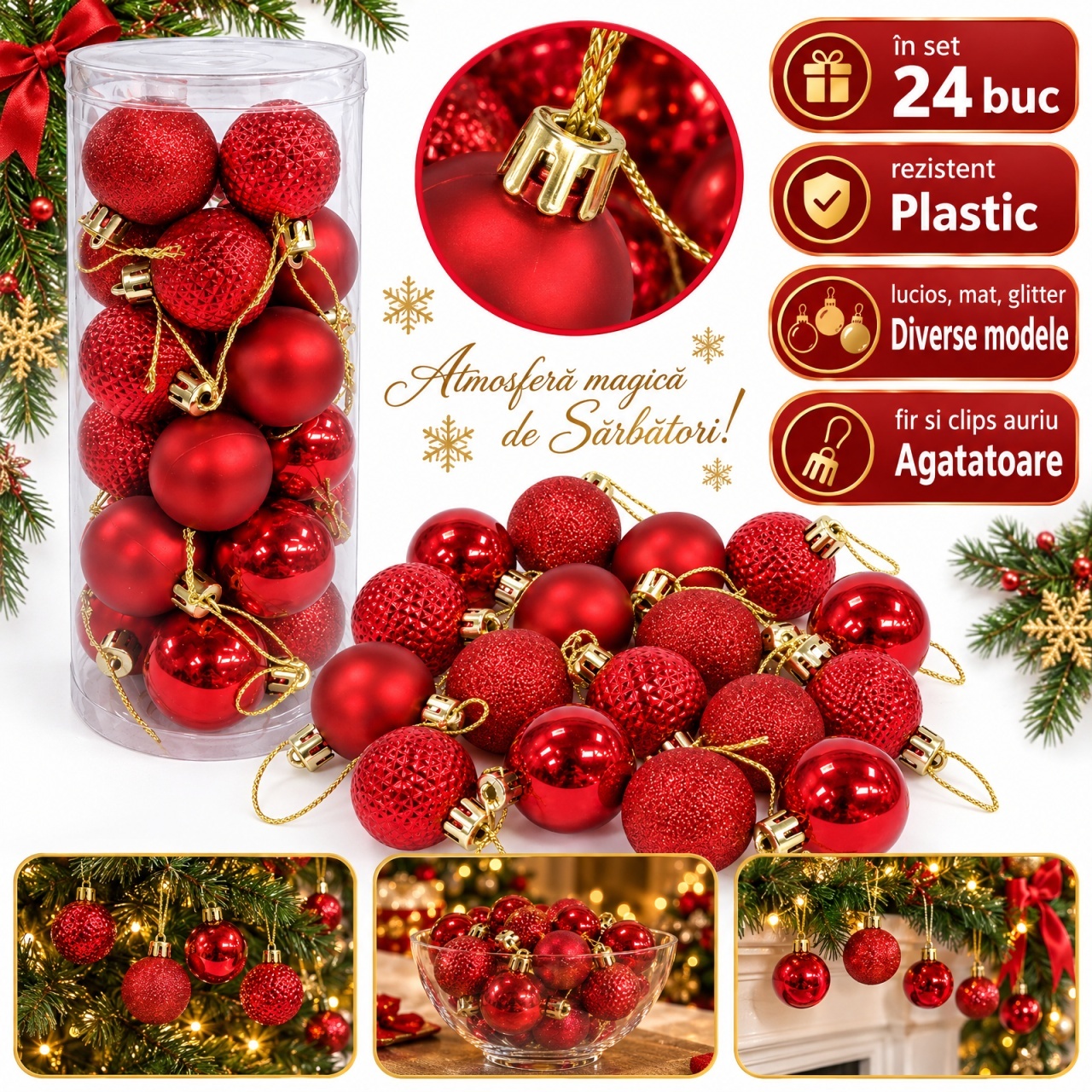 Set 24 globuri de Crăciun roșii, finisaje diverse, plastic, agățătoare aurii, tub 31x11 cm