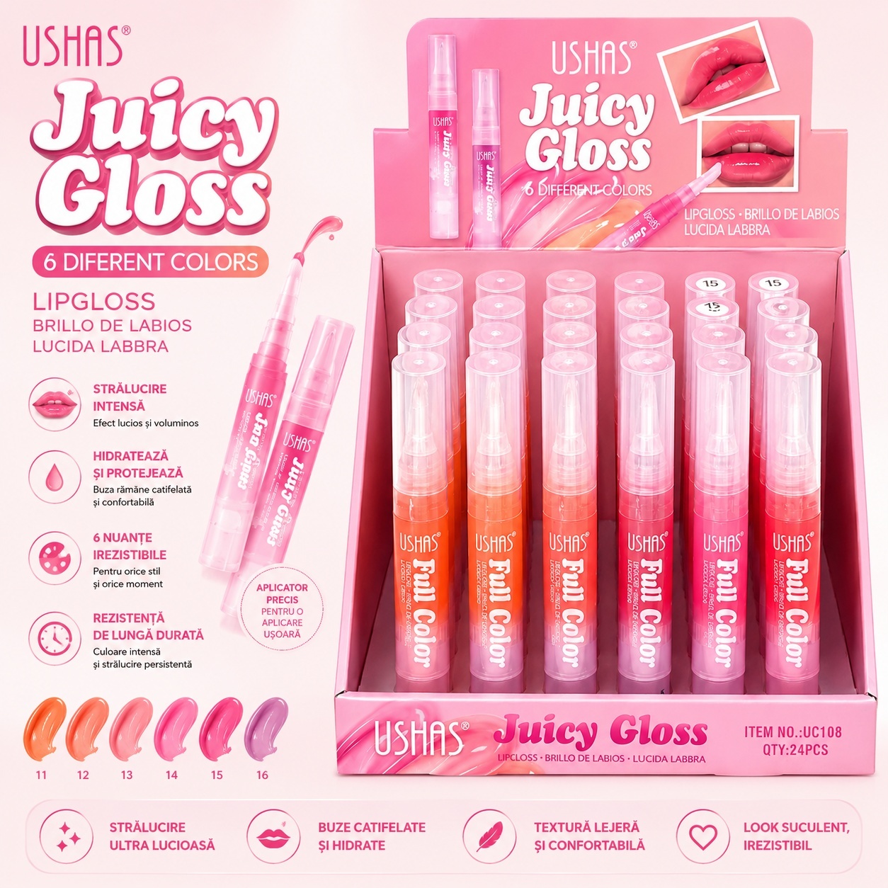 Set 24 Luciu de Buze USHAS Juicy Gloss – 6 Nuanțe Strălucitoare, Hidratare Intensă 2