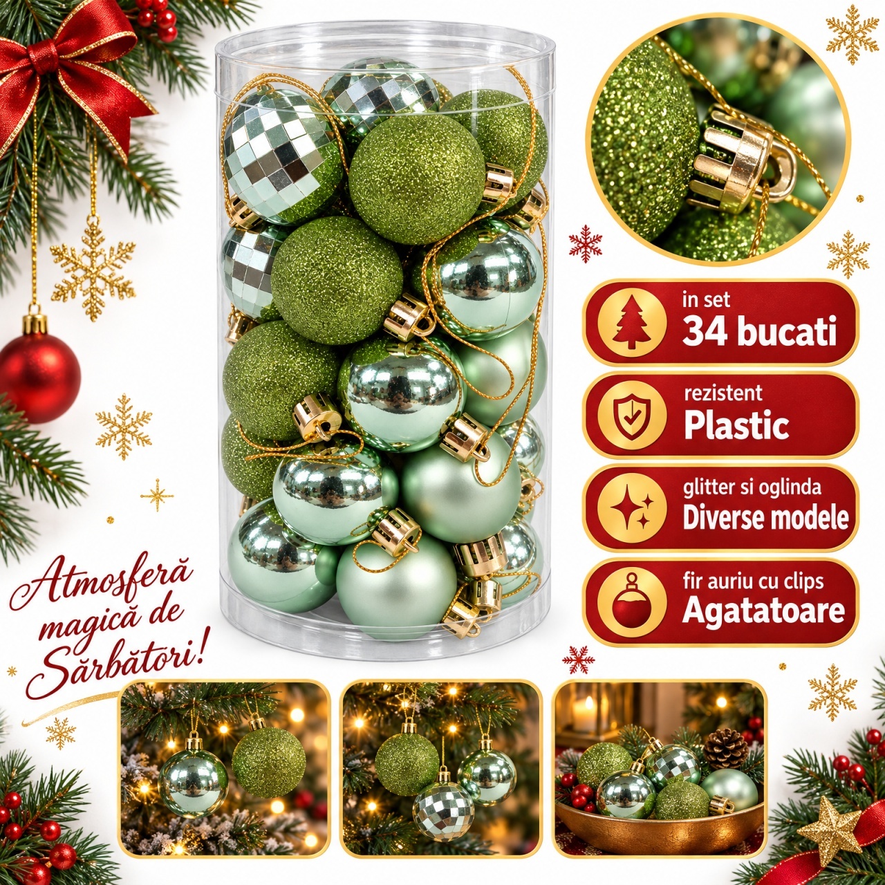 Set 34 globuri de Crăciun verzi, plastic, modele diverse, agățătoare aurie, tub 30 x 15 cm