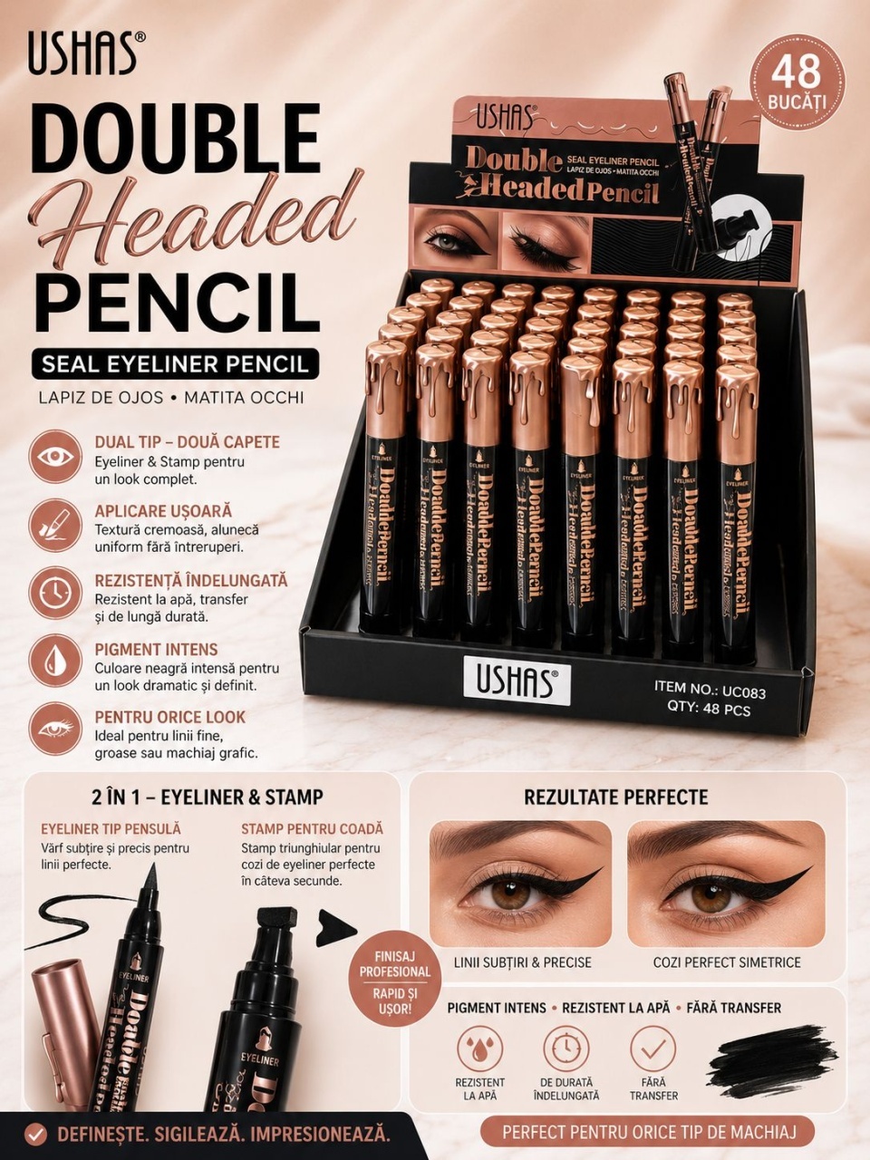 Set 48 Eyeliner Cariocă 2 în 1 USHAS Double Headed Pencil – Vârf Precis și Stamp pentru Coadă Perfectă 2