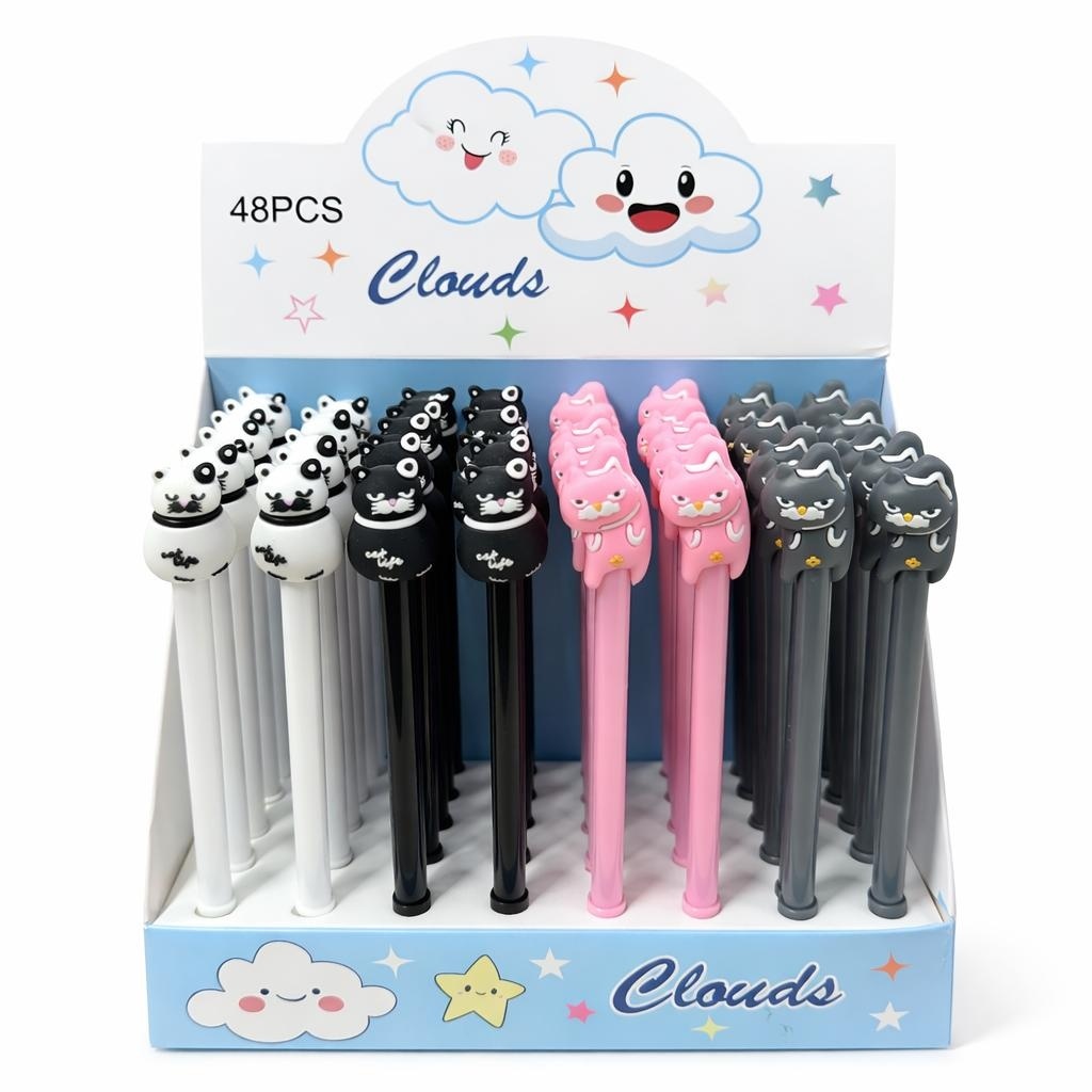 Set 48 pixuri cu gel și figurină pisică decorativă, model simpatic pentru copii, diverse culori 2