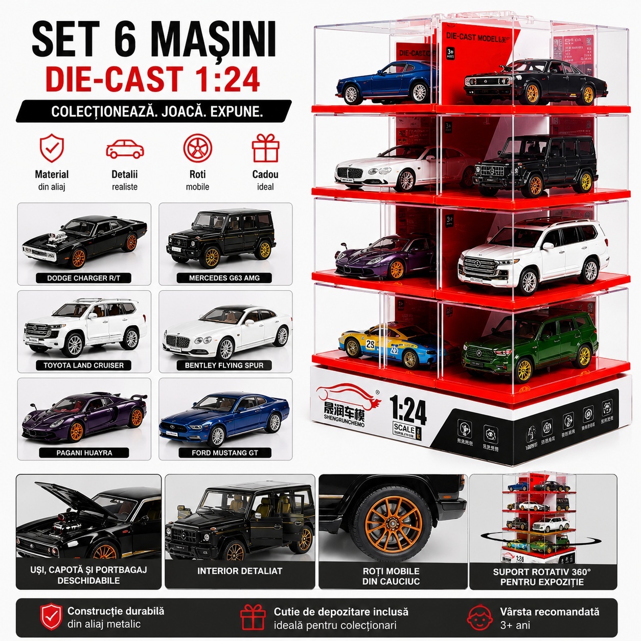 Set 6 masinute metalice scara 1:24 cu lumini si sunete set display modular rotativ 3