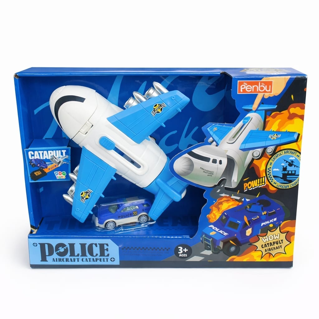 Set avion transport cu camion politie si rampa lansare, jucarie copii 2