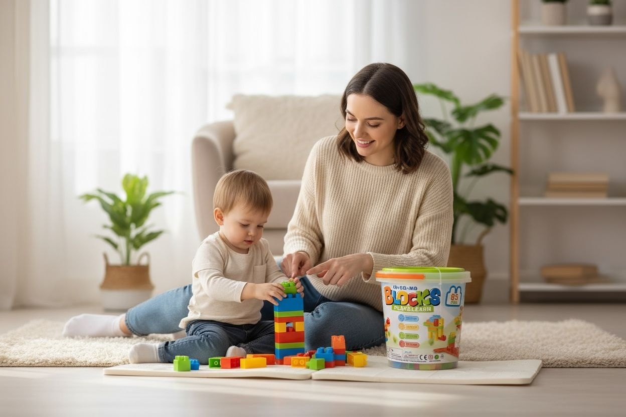 Set Blocuri de Construit Play Learn , 85 Piese , Galetusa din Plastic , Dimensiuni Mari , 23.5x23cm 2