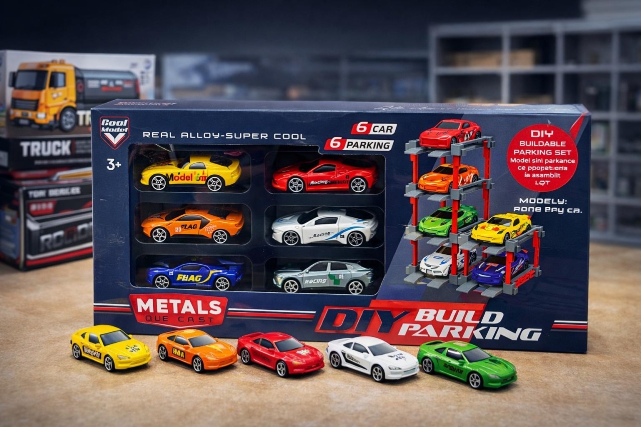 Set constructie parcare cu 6 masinute din metal die-cast, modele diverse 2