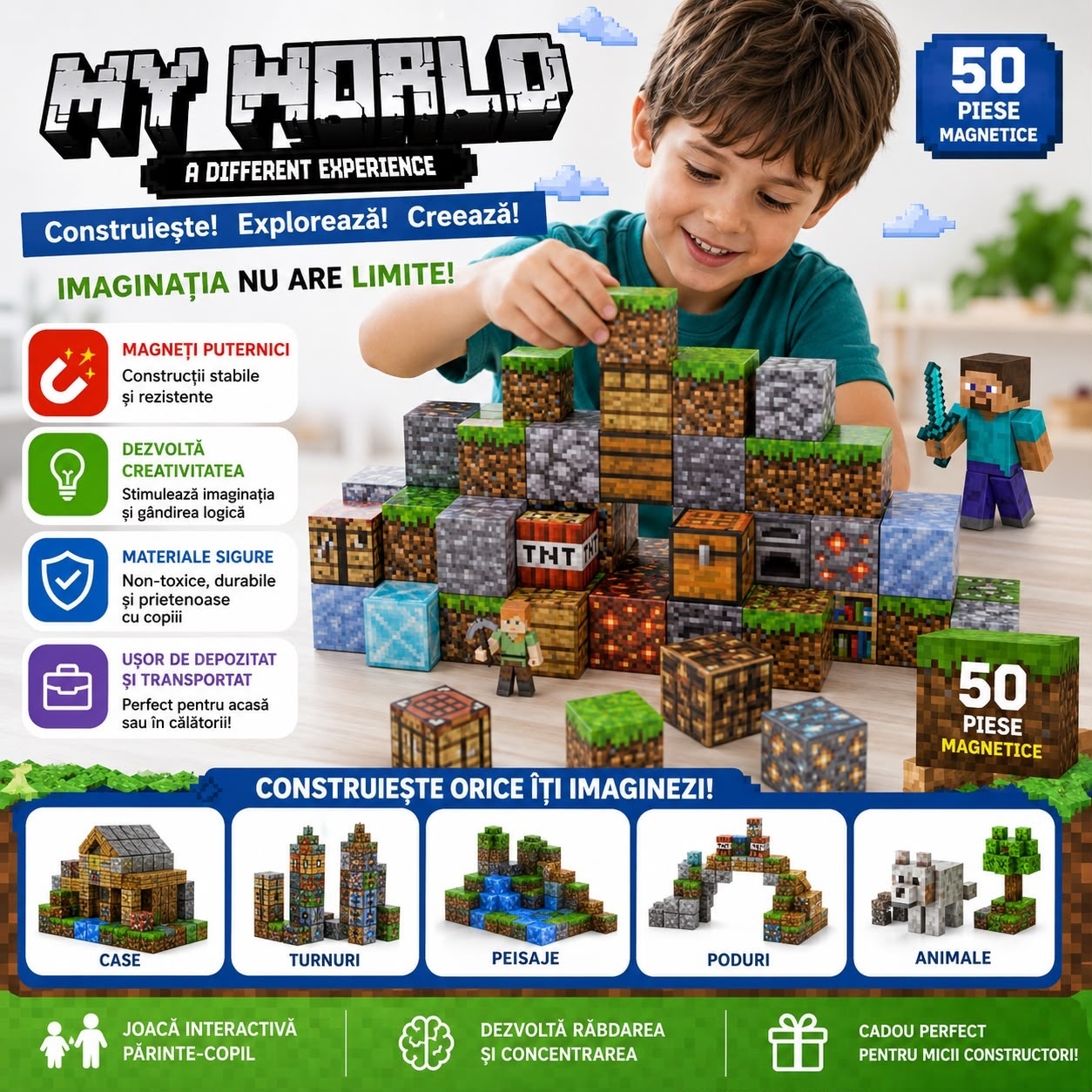 Set Cuburi Magnetice de Construcție 3D, 50 Piese, Joc Educativ pentru Copii 3+, Magneți Puternici 3