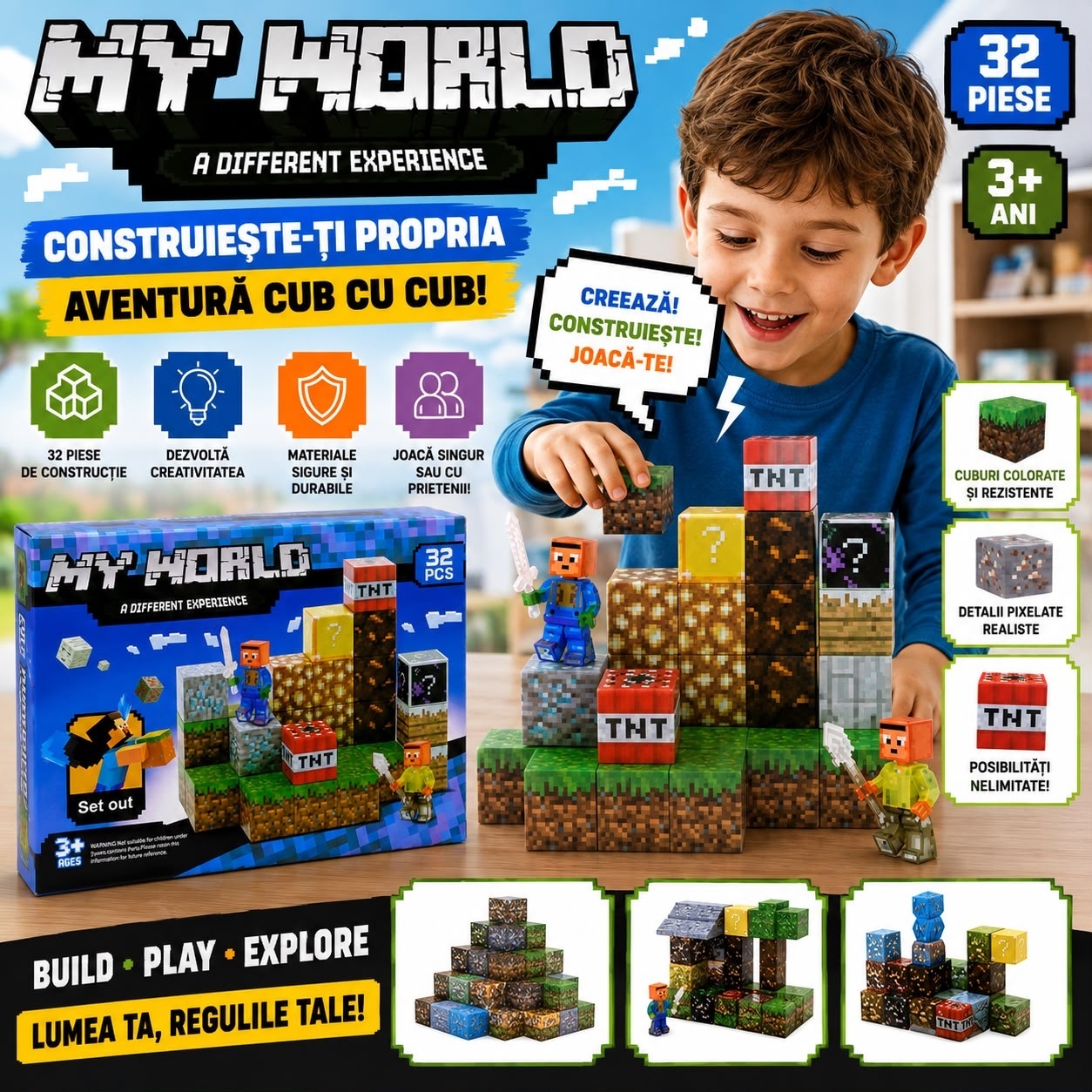 Set Cuburi Magnetice My World 32 Piese – Joc de Construcție Magnetic