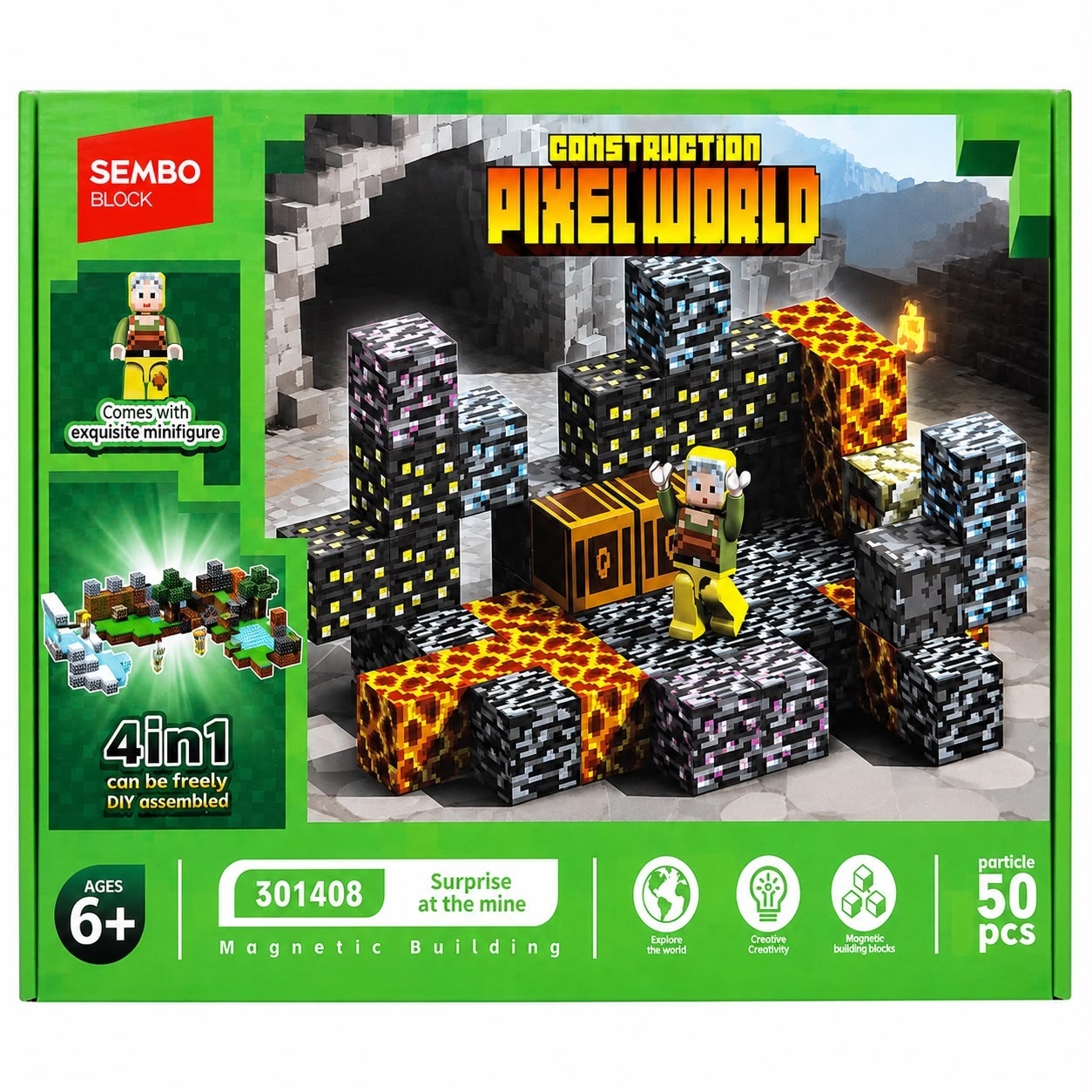 Set Cuburi Magnetice Pixel World 4 în 1, 50 Piese cu Minifigurină, Joc de Construcție Magnetic, 6+ Ani 2