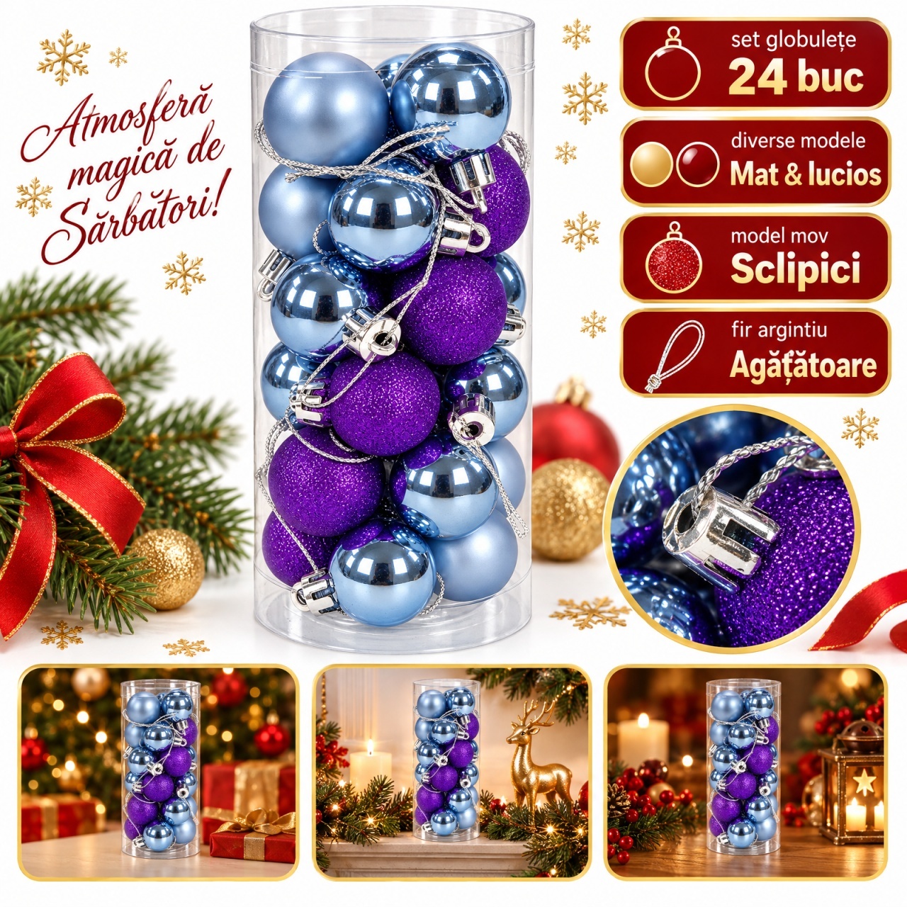 Set de 24 globuri de brad, albastru si mov, din plastic, modele diverse, 20 × 7,5 cm