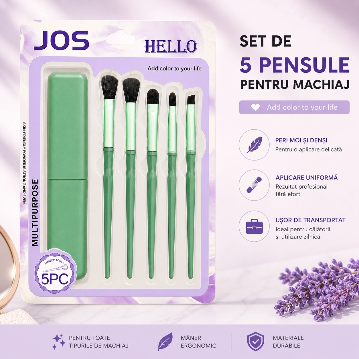 Set de 5 Pensule Profesionale pentru Machiaj Verde Închis – cu Husă pentru Transport 2