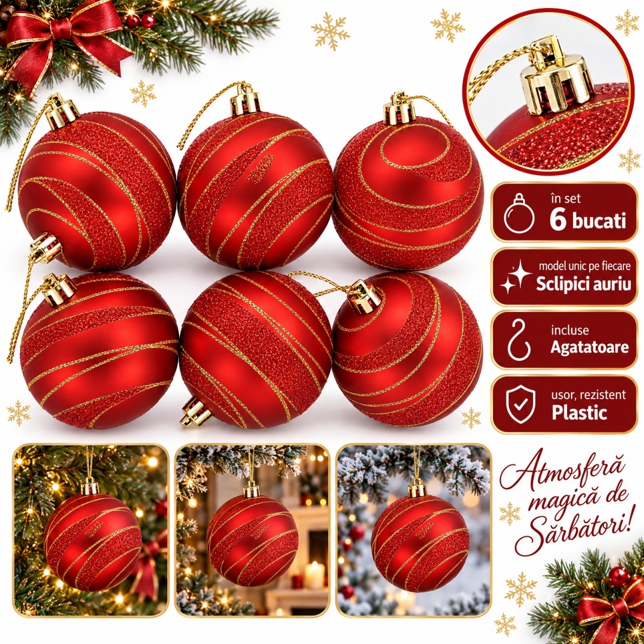 Set de 6 globuri de Crăciun roșii cu sclipici auriu, din plastic, 9 cm