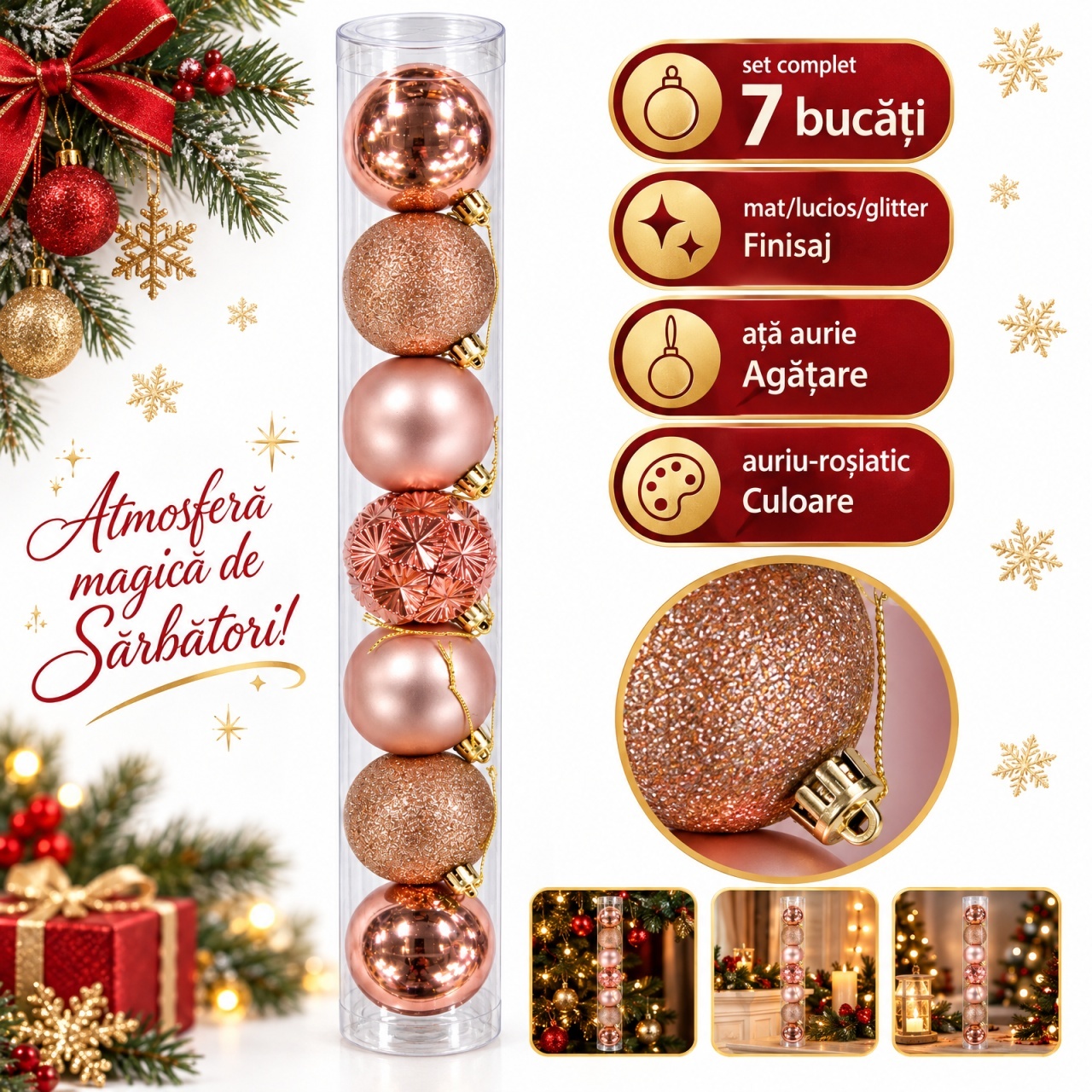 Set de 7 globuri de Crăciun, rose-gold, din plastic, diverse modele in set, 6cm