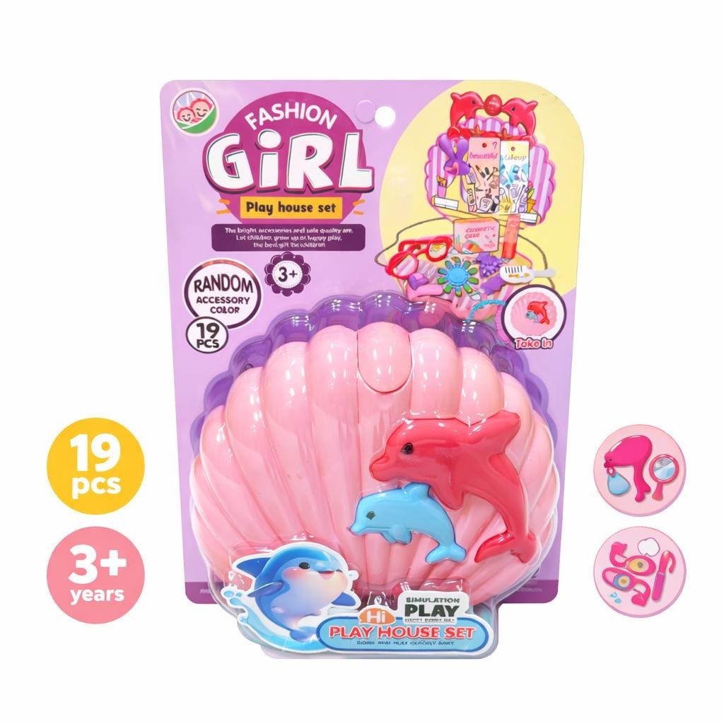 Set de doctor jucarie pentru copii, forma scoica roz cu delfini, 19 piese