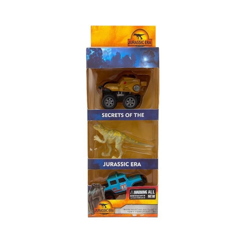 Set Jucarii Jurassic Era 3 Piese , 2 Masinute Off-Road si 1 Dinozaur , Plastic Multicolor 2