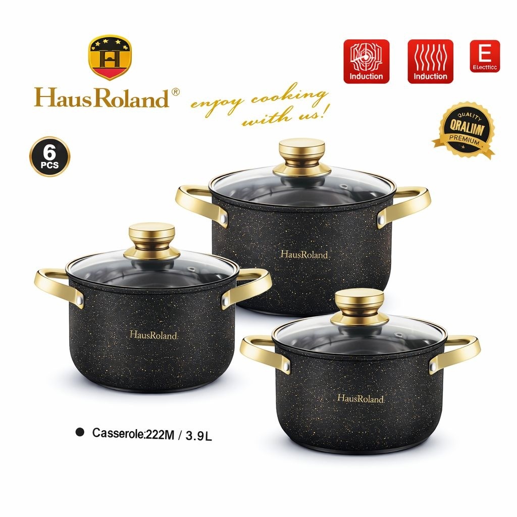 Set oale HausRoland cu înveliș granitat și capace din sticlă, 6 piese, negru