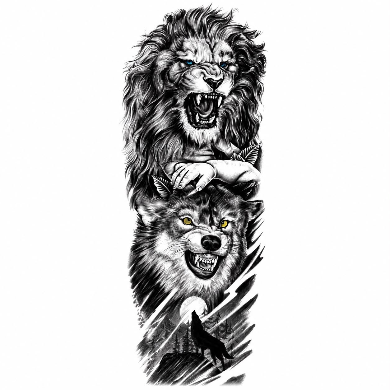 Tatuaj Semipermanent Leu și Lup – 45 cm - Design Realist Black & Grey