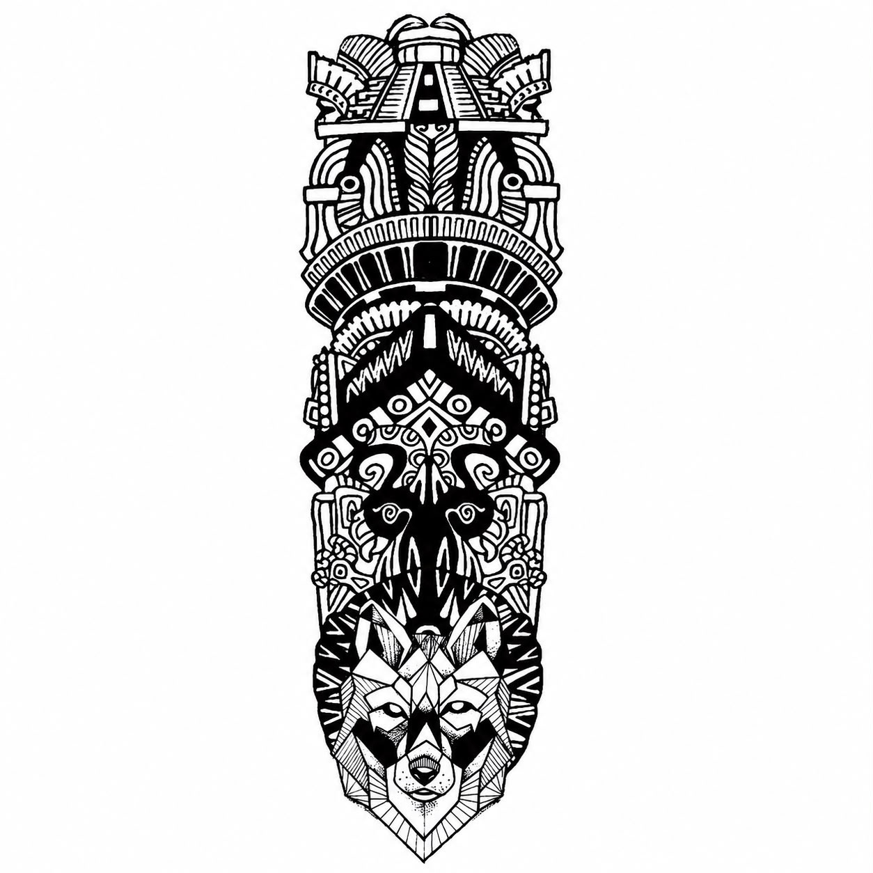Tatuaj Semipermanent Tribal cu Mască Aztecă și Lup – 45 cm