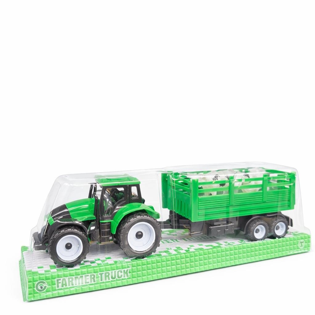 Tractor jucarie cu remorca si animale domestice, model ferma, verde 31.5cm 2