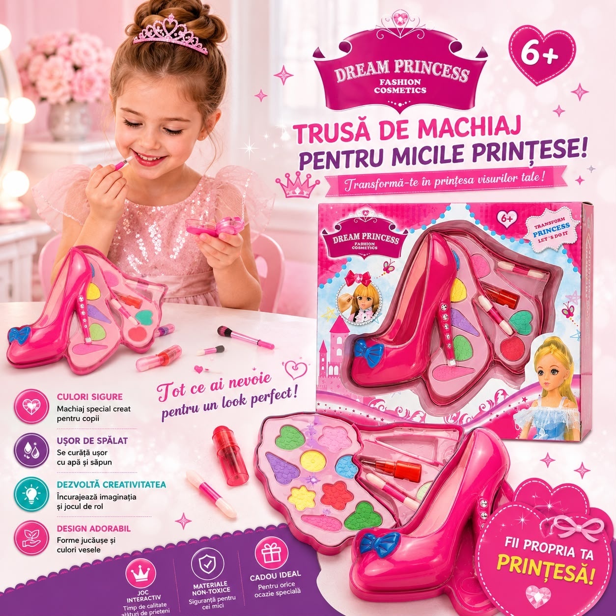 Trusă de Machiaj pentru Copii Dream Princess, 10cm – Set Machiaj în Formă de Pantof, Farduri și Accesorii 2