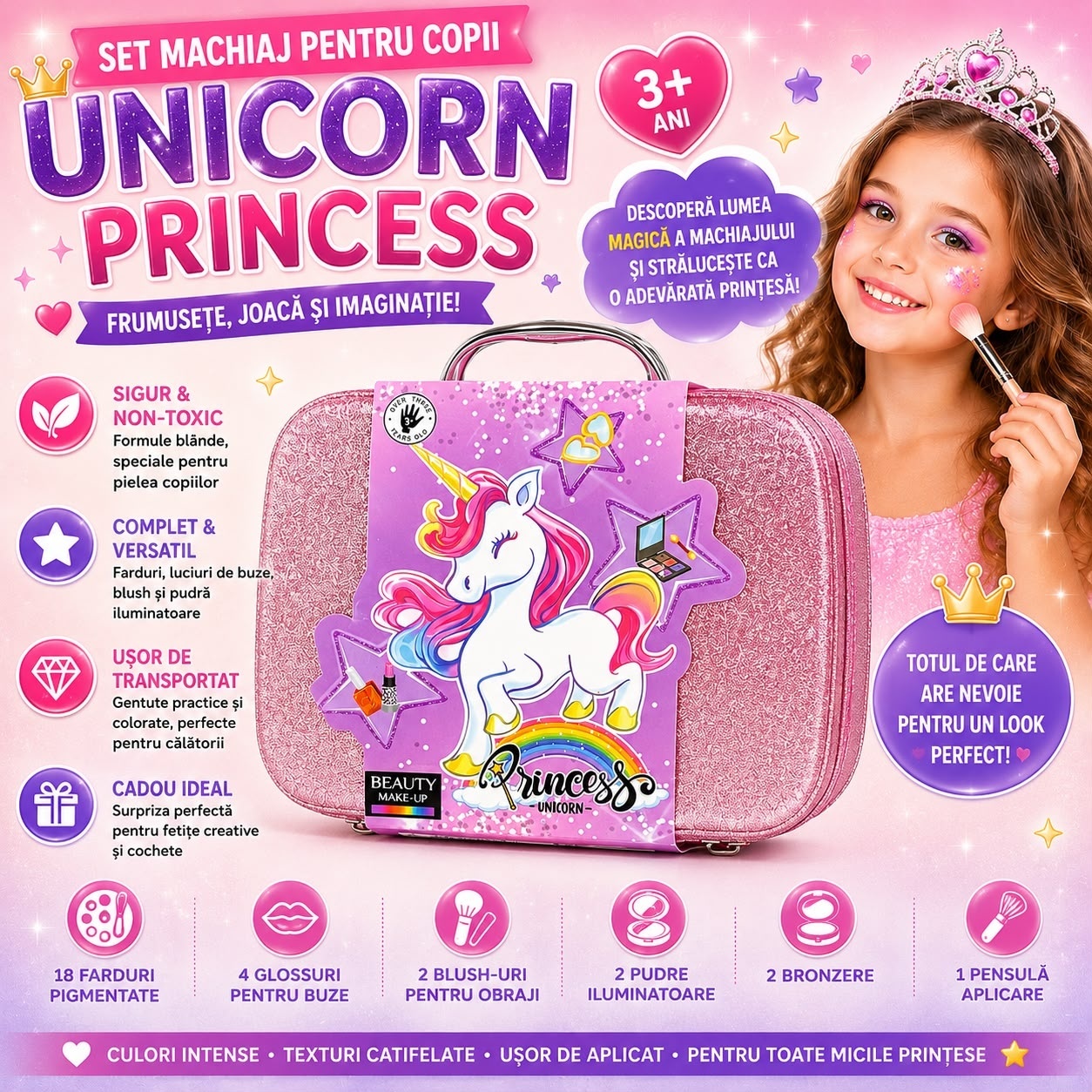 Trusă de Machiaj pentru Copii Unicorn Princess în Geantă, Model Aleatoriu, Set Cosmetic 3+ Ani 2