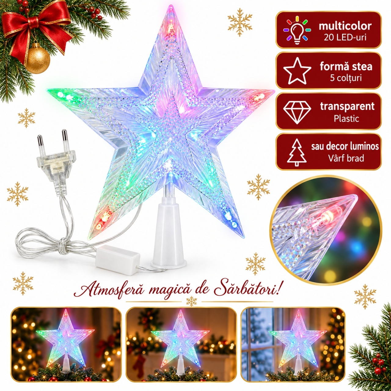 Vârf de brad luminos stea cu 20 LED multicolor, plastic transparent, 19x17 cm